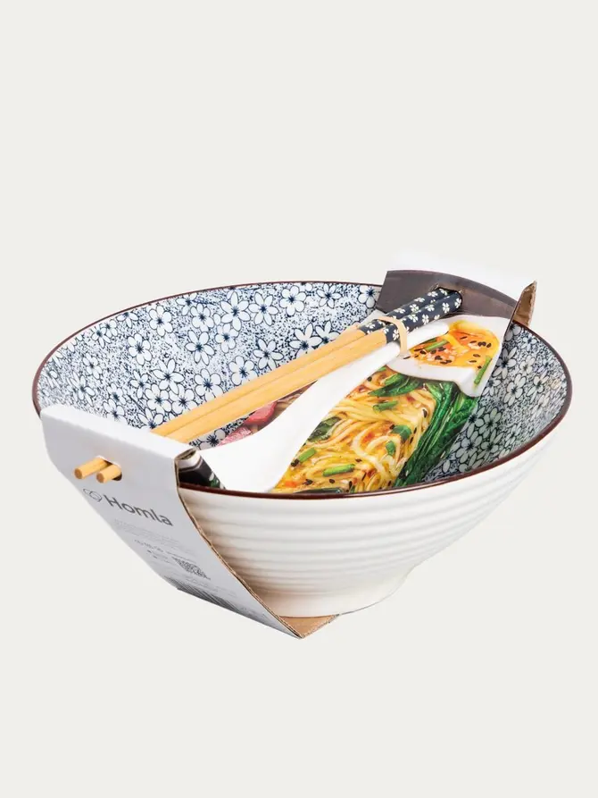 Zestaw do ramen SALADO porcelanowy w kwiatki z brązowym rantem 21 cm