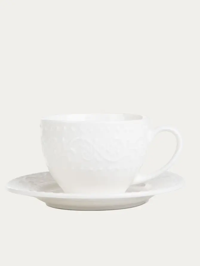 Filiżanka ze spodkiem SYLIA porcelanowa mała biała z ornamentem 0,09 l