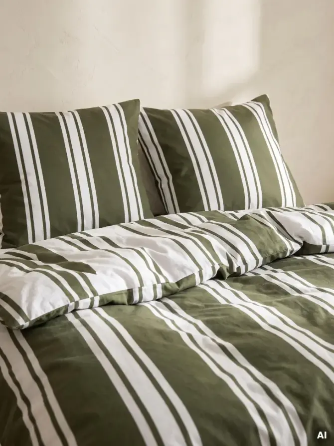 Pościel ARIS bawełniana w oliwkowe pasy 140x200 + 1*70x80 cm