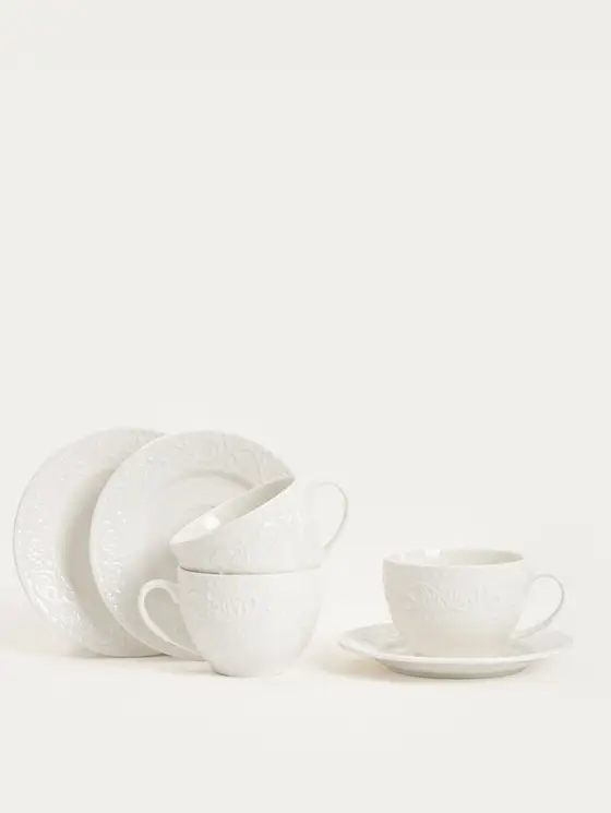 Zestaw filiżanek ze spodkiem SYLIA porcelanowych dużych białych z ornamentem 6 el.